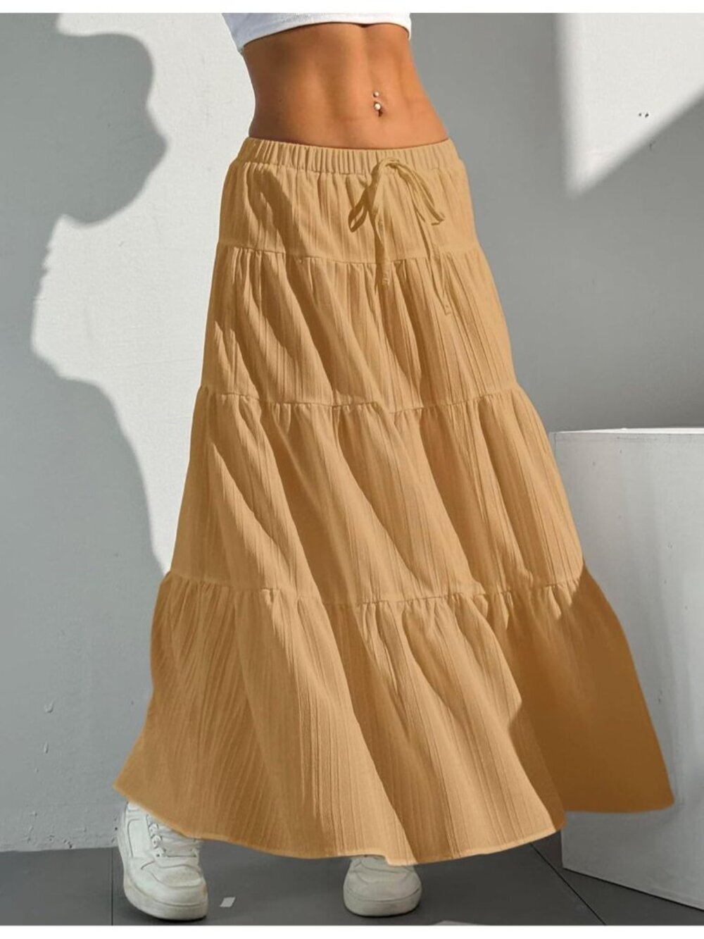 Women's Boho Flowy Khaki Maxi Skirt Flared Ruffle A Line Spring Long Skirts - Picture 4 of 6
